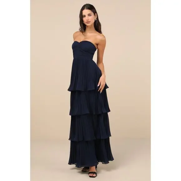 NWT Lulus Seriously Sensational Navy Blue Strapless Tiered Maxi Dress Gala Sz M - Picture 7 of 7